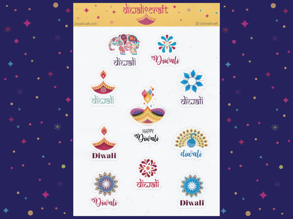 Diwali Stickers - Diya, Peacock, Elephant & Rangoli - 10 sticker on 1 sticker sheet