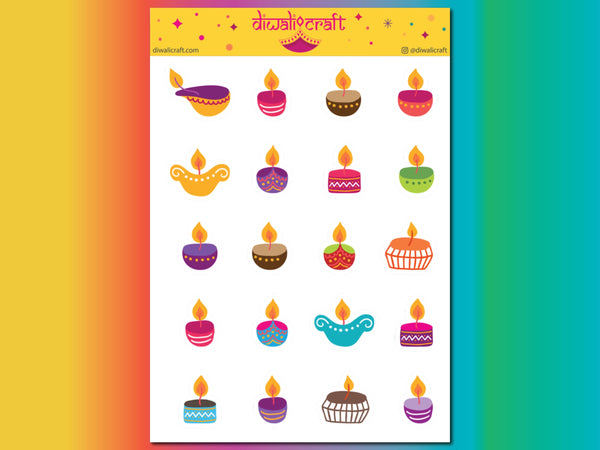Diwali Diya Stickers - 20/25 stickers on 1 sticker sheet - Diwali Kids Activity, Favor, Gift for Home/School Parties
