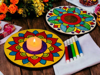 Mandala Rangoli Coloring Kit with Tea Light Holder | Puja Return Gift | Diwali | Includes 4 color pens