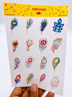 Peacock Feather Sticker Sheet - Decorative/Ornate - 16 stickers on 1 sticker sheet