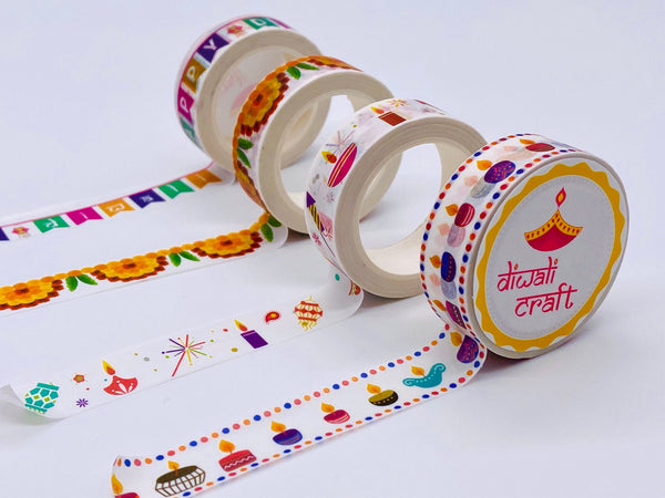 Diwali themed Washi tapes - Set of 4 unique Washi Tapes featuring Diya, Sparklers, Toran, Banner pattern