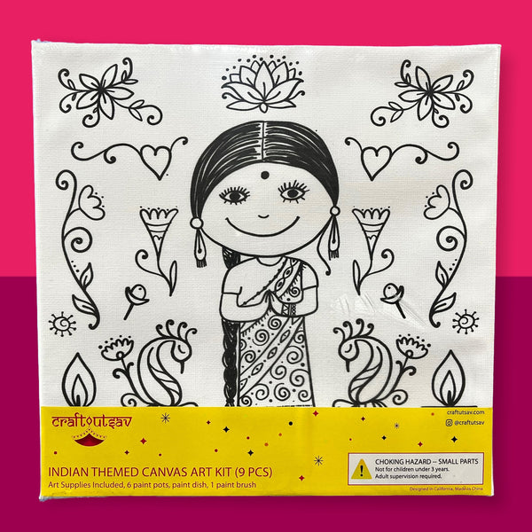 Indian Girl Canvas Coloring Kit for kids, Diwali Favor, DIY Gift for children, kids coloring, party favors, canvas coloring