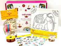 Elephant Art & Craft Box - Includes Pre-printed Drawing Canvas, Wooden Drawing Kit, Elephant Stickers, Washi Tape and Ribbon
