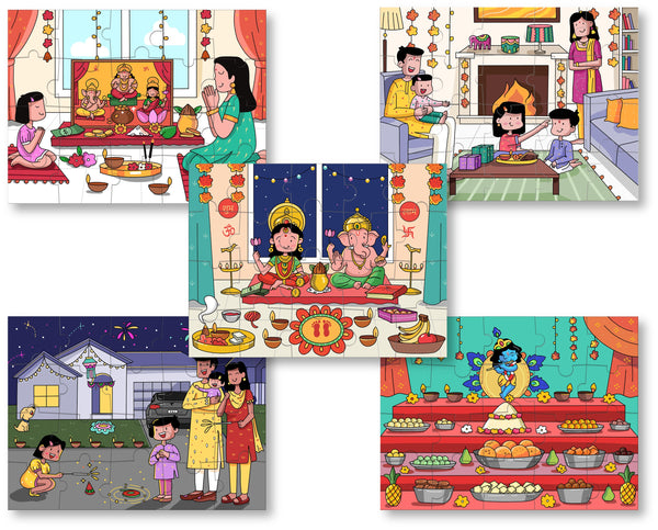 5 Days of Diwali Kid Jigsaw Puzzle Game -  Set of 5,  8 x 6 inches - Made in USA - Diwali Kids Gift - Teach Indian Culture via Games
