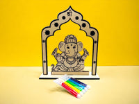 Lord Ganesh Wood Coloring Kit for kids | Pooja return gift | Ganapati | Ganeshutsav | 8.5 inch Tall x 7 inch Wide | Includes 5 Color pens